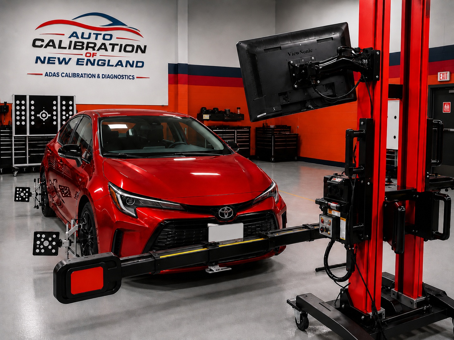 Red Toyota undergoing calibration inside Auto Calibration of New England